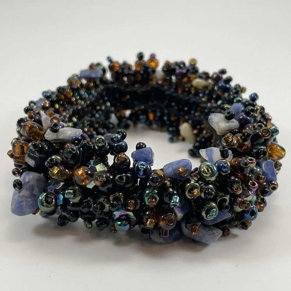 Statement Chunky Seed Bead Sodalite Stone Chips Stretch Boho Bracelet 6.5”